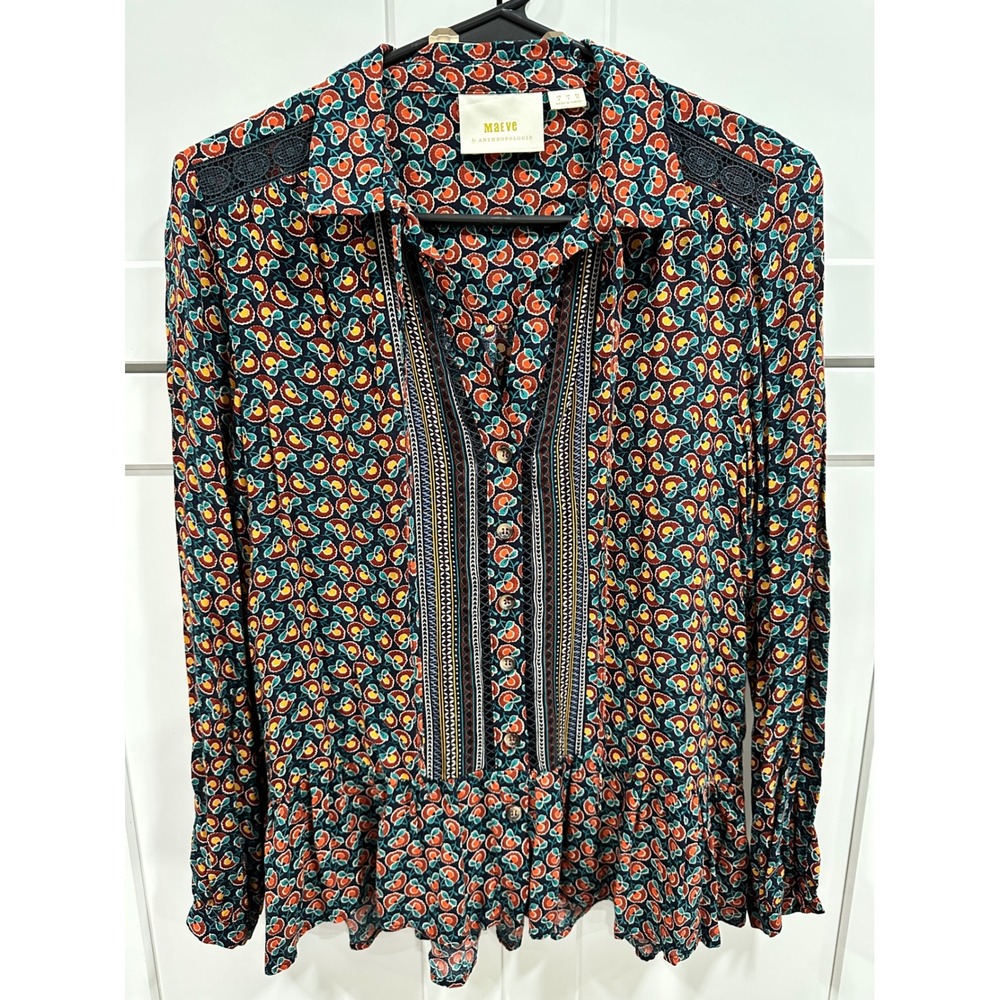 Maeve Anthropologie Peplum Blouse Floral Print Long Sleeve Bohemian Size 0